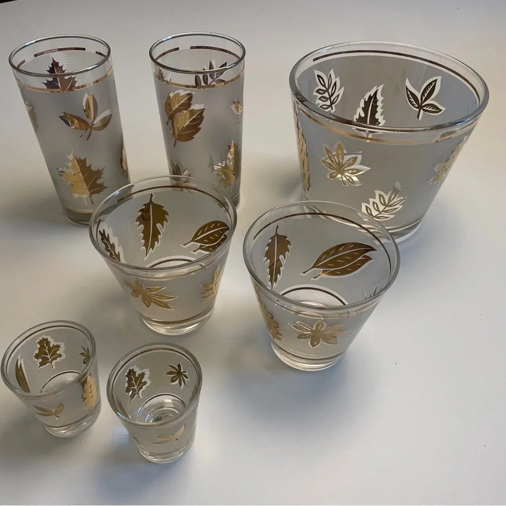 Vintage Libbey Golden Foliage Glassware Set MCM Gold Leaf Ice Bucket 7pc
